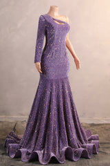 Lavender Purple One shoulder Long sleeves Keyhole sequin Prom Dresses