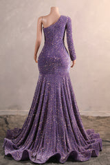 Lavender Purple One shoulder Long sleeves Keyhole sequin Prom Dresses