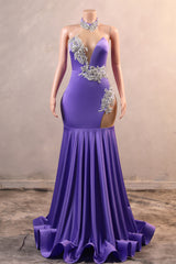 Lilac High neck Silver Applqiues Mermaid Satin Prom Dresses