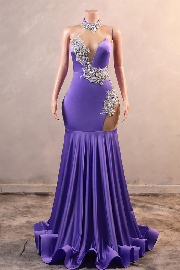 Lilac High neck Silver Applqiues Mermaid Satin Prom Dresses