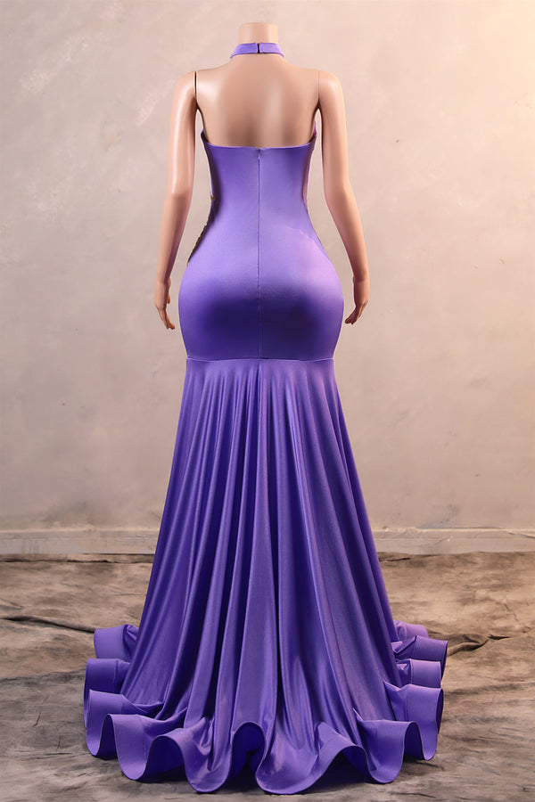 Lilac High neck Silver Applqiues Mermaid Satin Prom Dresses