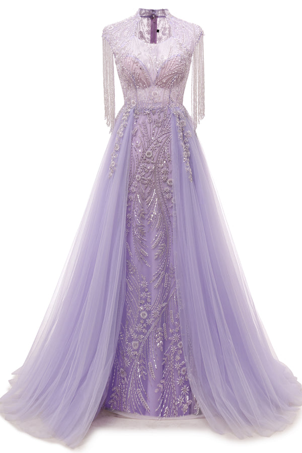 Lilac Long sleeves Overskirt A-line Evening Dresses