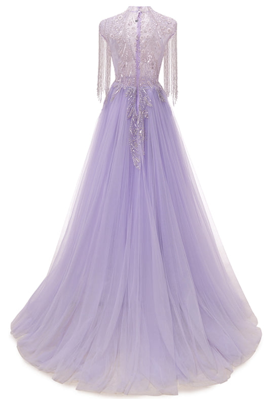 Lilac Long sleeves Overskirt A-line Evening Dresses