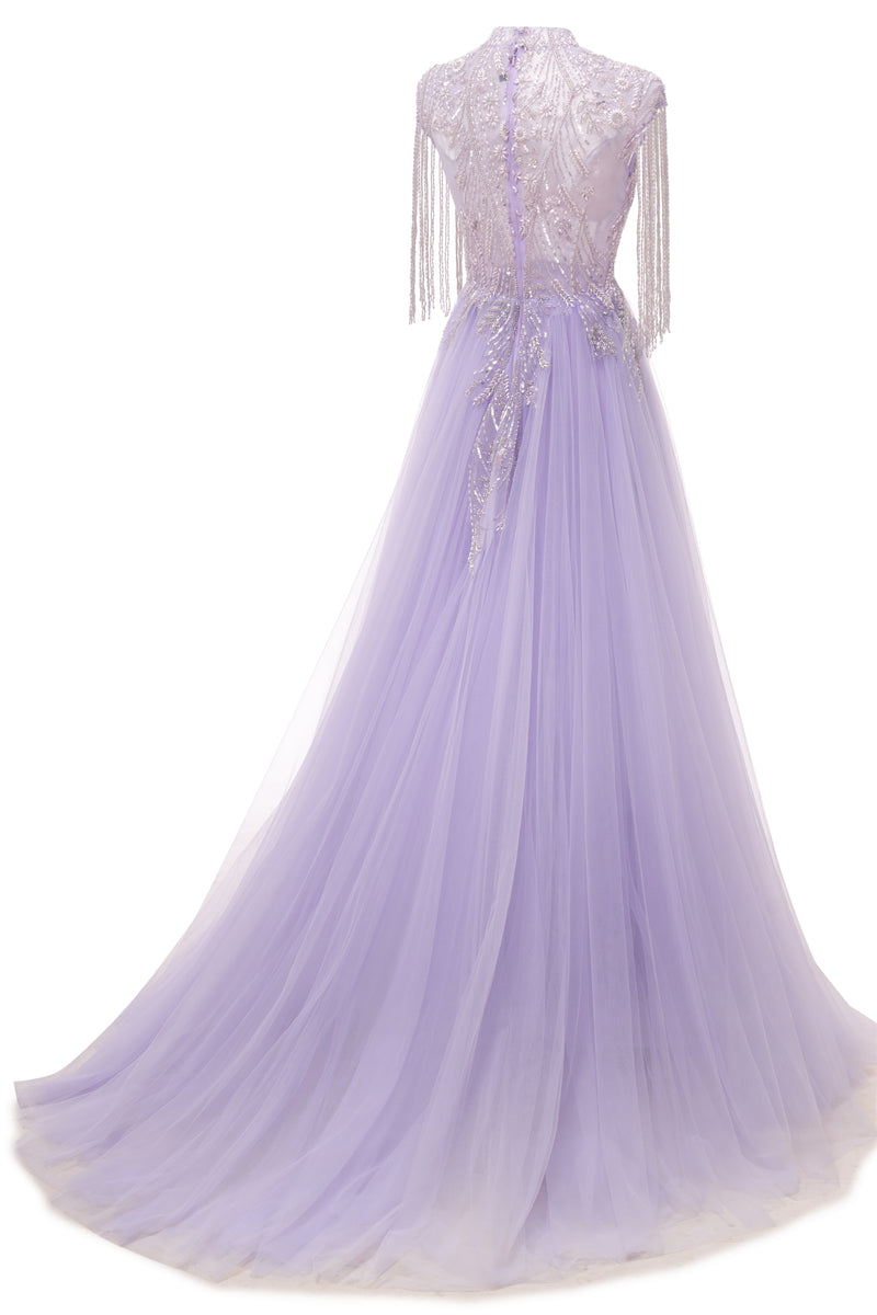 Lilac Long sleeves Overskirt A-line Evening Dresses