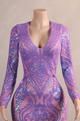 Long sleeves Feather Lilac Sequin Sparkle Mermaid Prom Dresses-Ballbella