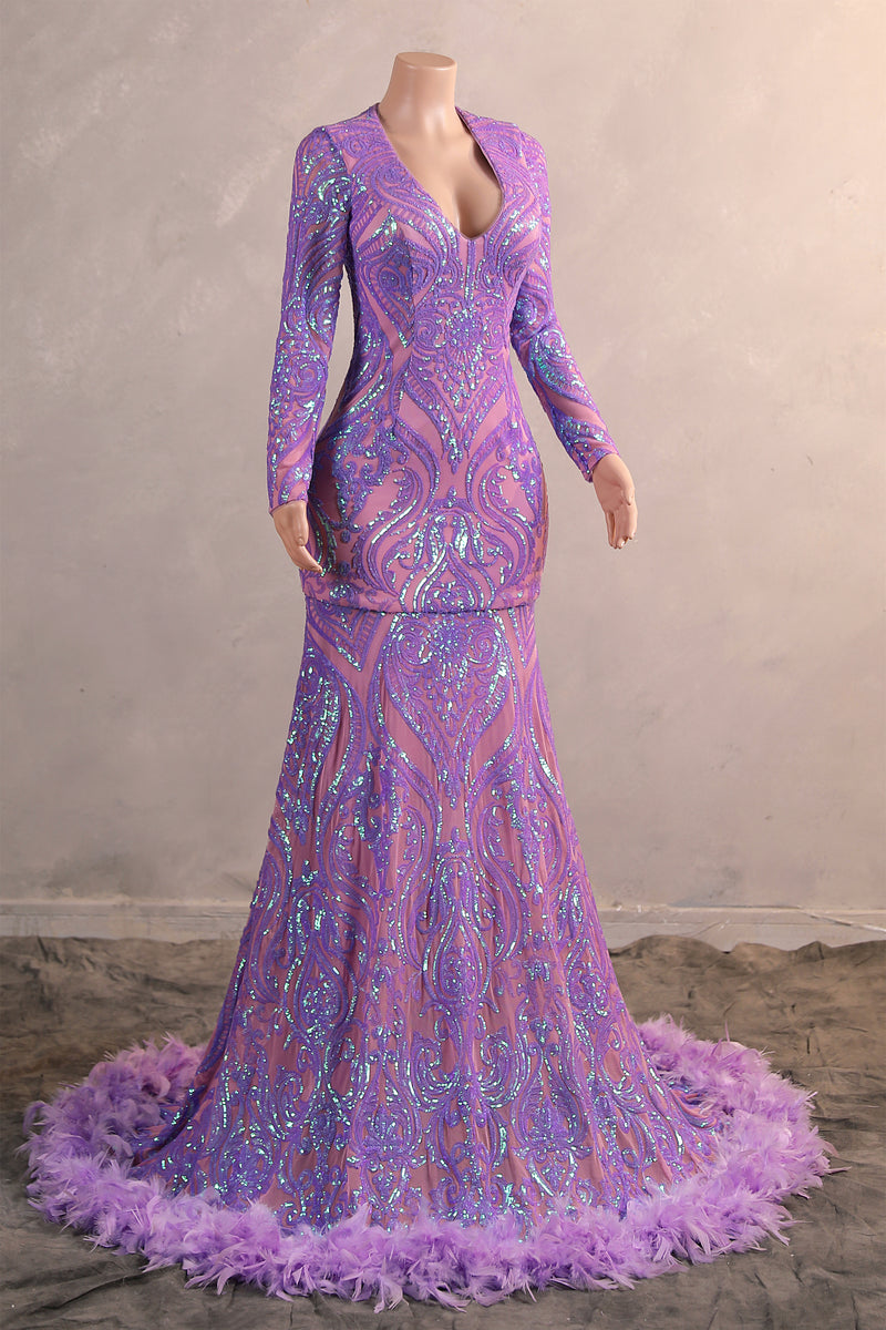 Long sleeves Feather Lilac Sequin Sparkle Mermaid Prom Dresses-Ballbella