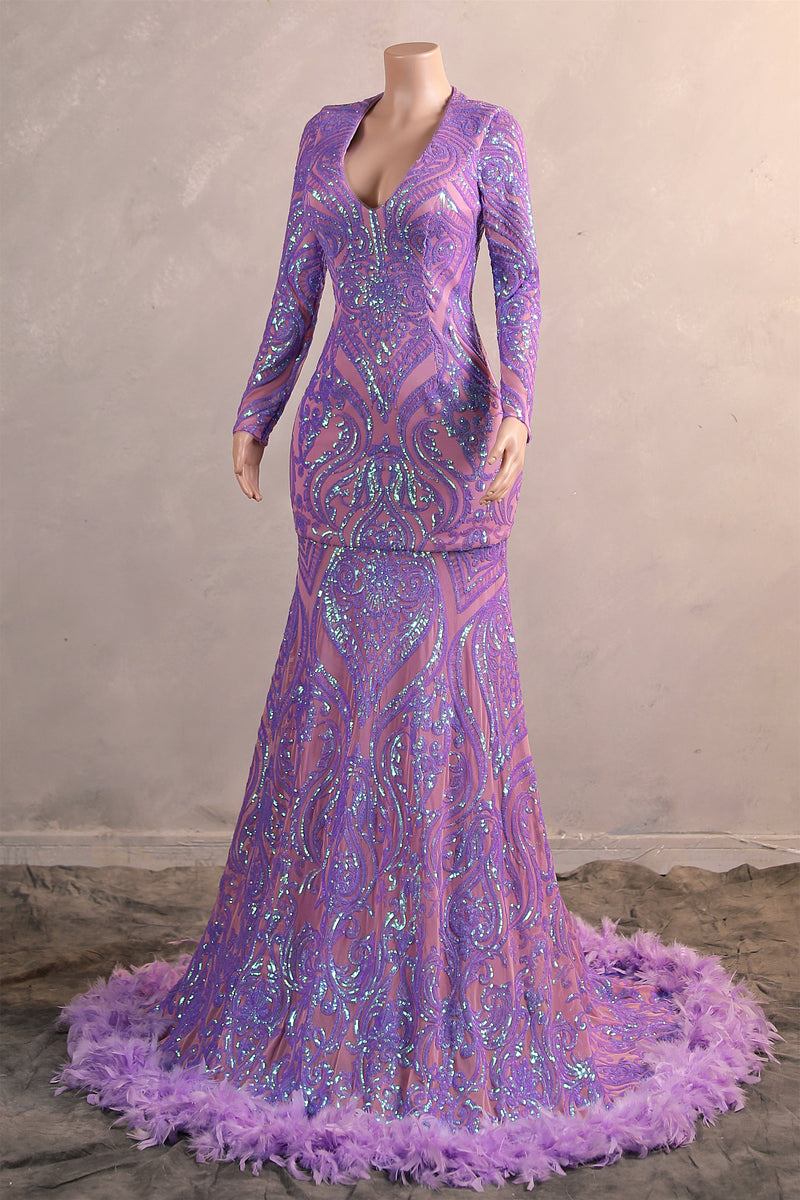 Long sleeves Feather Lilac Sequin Sparkle Mermaid Prom Dresses-Ballbella