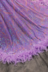 Long sleeves Feather Lilac Sequin Sparkle Mermaid Prom Dresses-Ballbella