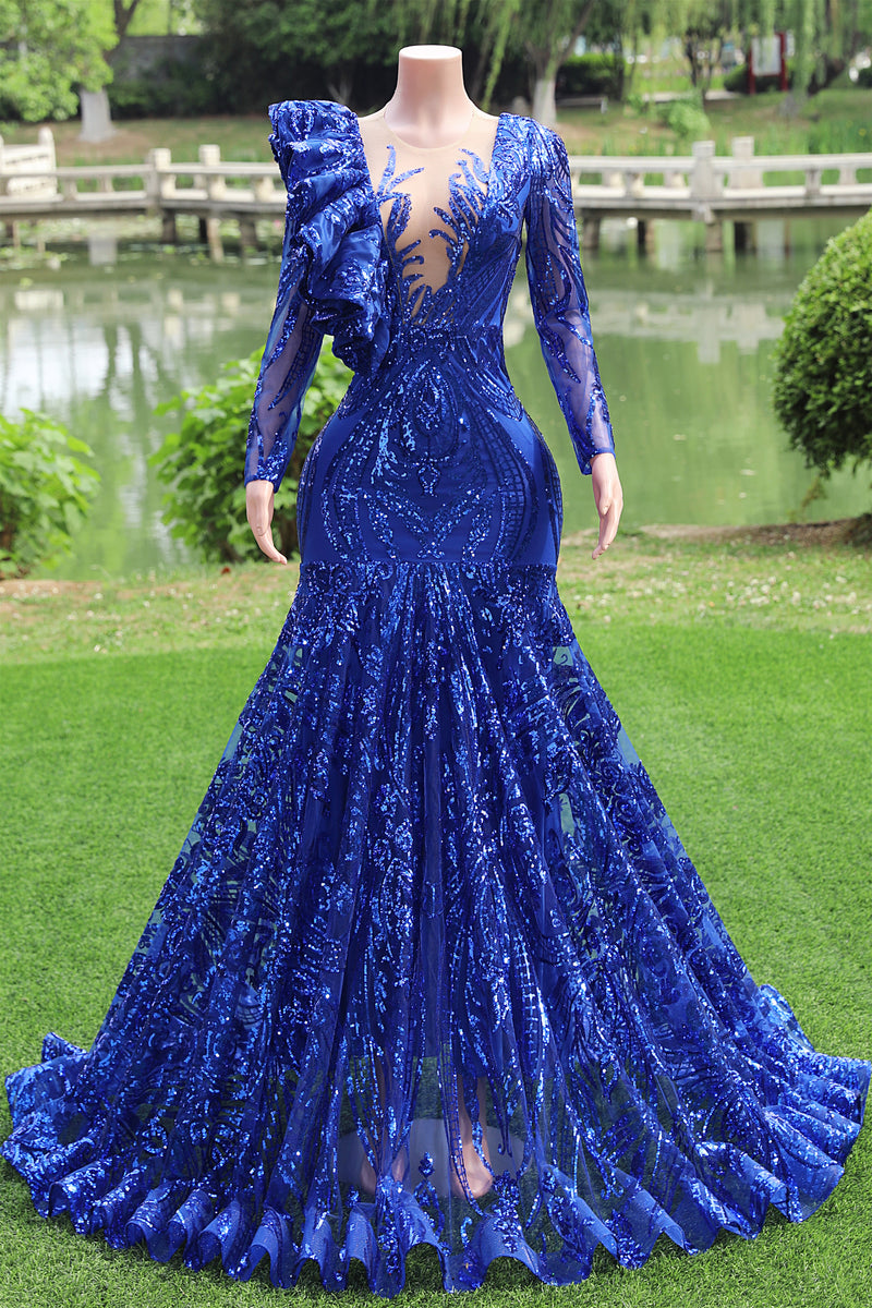 Long sleeves Royal Blue Mermaid Ruffles V-neck Floor length Prom Dresses-Ballbella