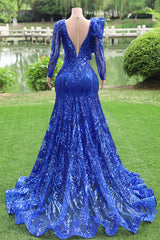 Long sleeves Royal Blue Mermaid Ruffles V-neck Floor length Prom Dresses-Ballbella