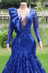 Long sleeves Royal Blue Mermaid Ruffles V-neck Floor length Prom Dresses-Ballbella