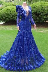 Long sleeves Royal Blue Mermaid Ruffles V-neck Floor length Prom Dresses-Ballbella