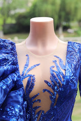 Long sleeves Royal Blue Mermaid Ruffles V-neck Floor length Prom Dresses-Ballbella