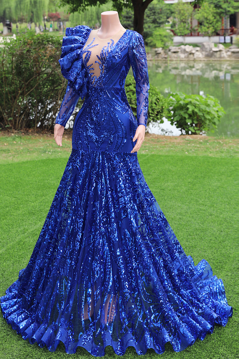 Long sleeves Royal Blue Mermaid Ruffles V-neck Floor length Prom Dresses-Ballbella