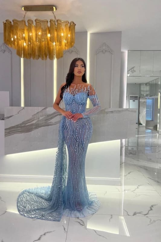 Long sleeves One shoulder Mermaid Dusty Blue Court Train Prom Dresses