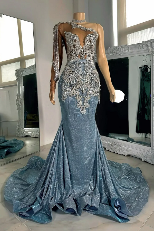 Long sleeves Silver Dusty Blue Shiny Court Train Beaded Prom Dresss