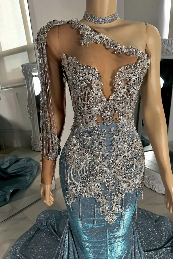 Long sleeves Silver Dusty Blue Shiny Court Train Beaded Prom Dresss