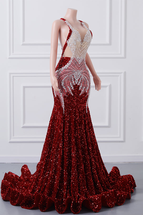 Luxury Burgundy Sequin Mermaid Silver Beaded Court Trian Criss Cross Prom Dresses