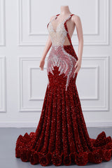 Luxury Burgundy Sequin Mermaid Silver Beaded Court Trian Criss Cross Prom Dresses-Ballbella