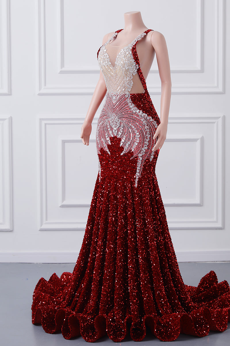 Luxury Burgundy Sequin Mermaid Silver Beaded Court Trian Criss Cross Prom Dresses-Ballbella