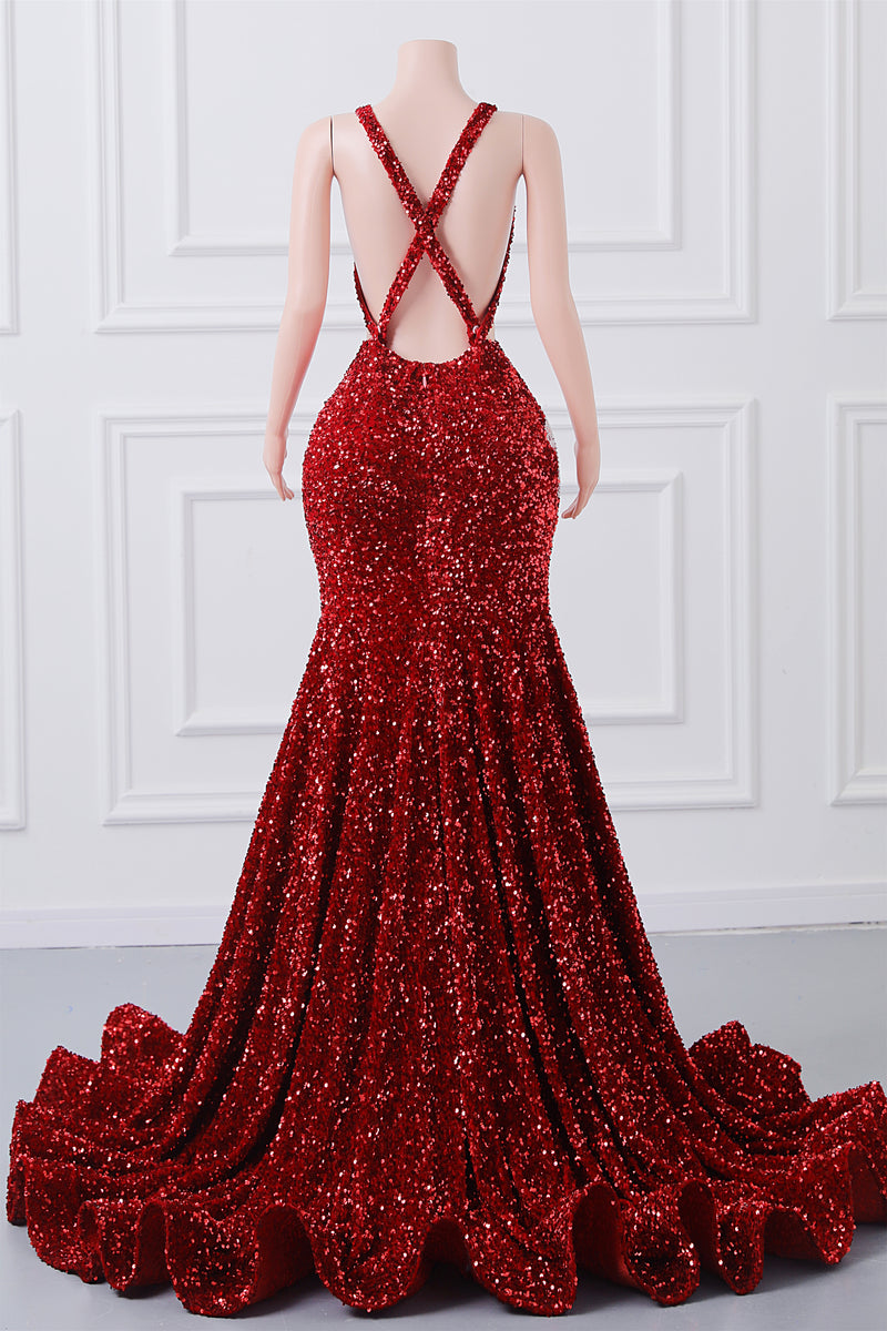 Luxury Burgundy Sequin Mermaid Silver Beaded Court Trian Criss Cross Prom Dresses-Ballbella