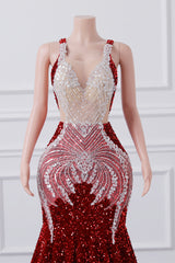 Luxury Burgundy Sequin Mermaid Silver Beaded Court Trian Criss Cross Prom Dresses-Ballbella