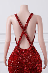 Luxury Burgundy Sequin Mermaid Silver Beaded Court Trian Criss Cross Prom Dresses-Ballbella