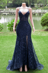 Navy Blue Mermaid V-neck Straps Sequin Lace Prom Dresses-Ballbella