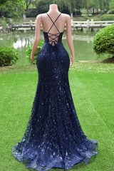 Navy Blue Mermaid V-neck Straps Sequin Lace Prom Dresses-Ballbella