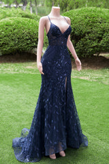 Navy Blue Mermaid V-neck Straps Sequin Lace Prom Dresses-Ballbella