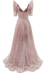 Off the shoulder Dusty Pink A-line Belt Evening Dresses