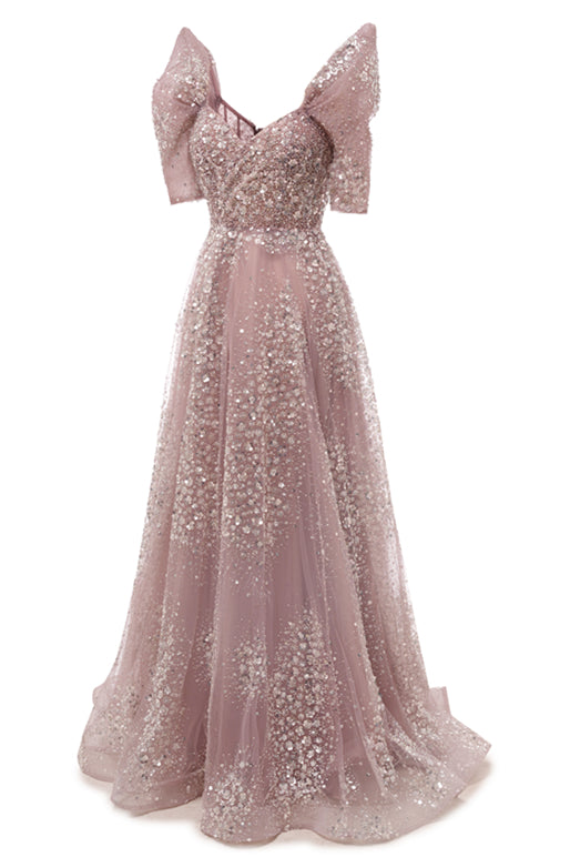 Off the shoulder Dusty Pink A-line Belt Evening Dresses