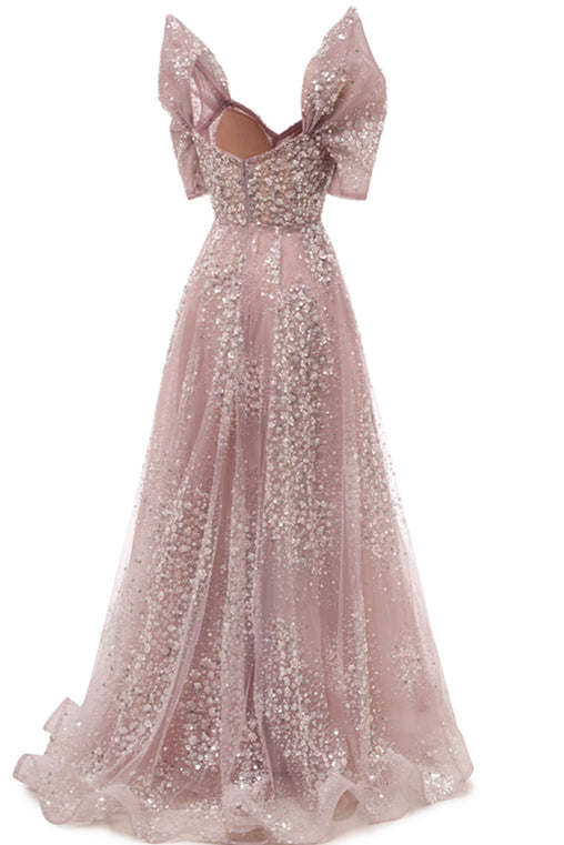 Off the shoulder Dusty Pink A-line Belt Evening Dresses