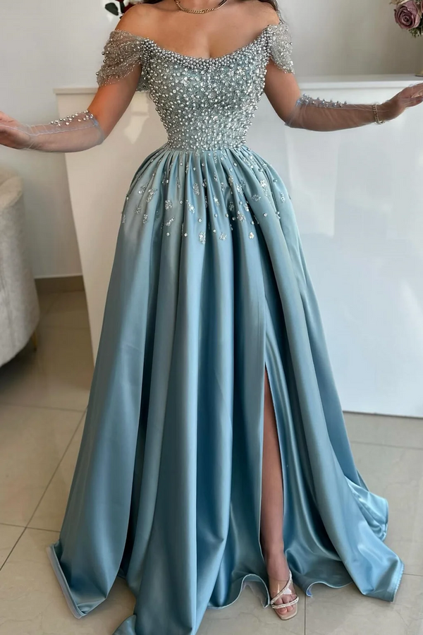 Off the shoudler Pearls Dusty Blue A-line Floor length Prom Dresses