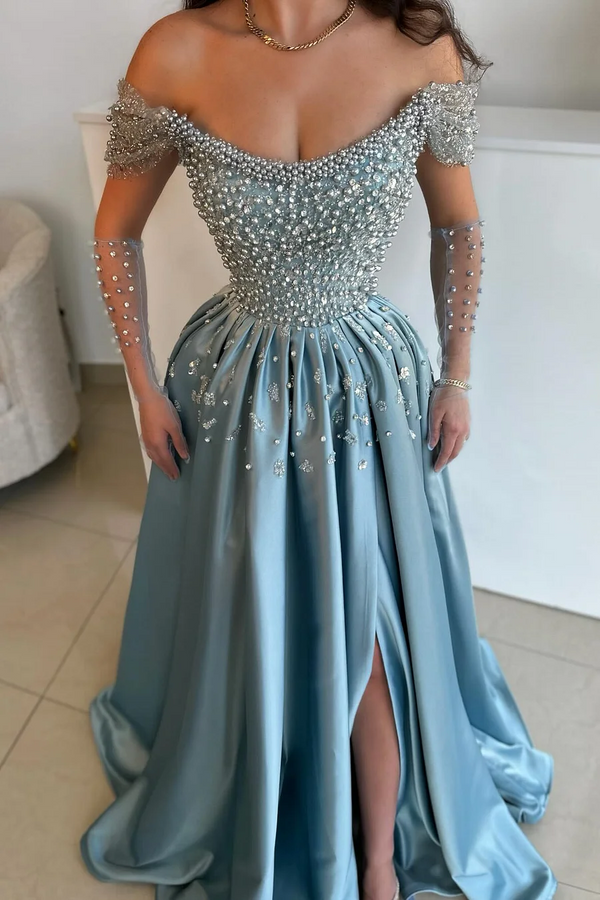 Off the shoudler Pearls Dusty Blue A-line Floor length Prom Dresses