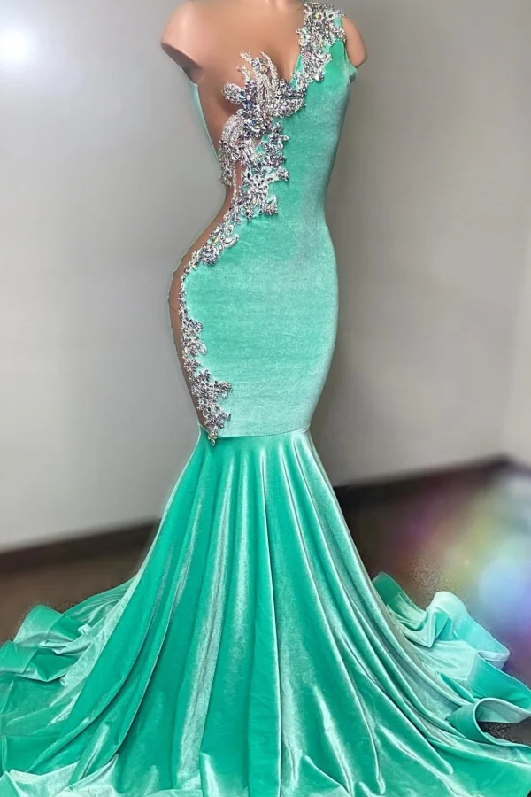 One shoudler Mint Green Silver Velvet Floor length Prom Dresses