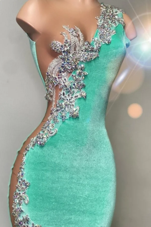 One shoudler Mint Green Silver Velvet Floor length Prom Dresses