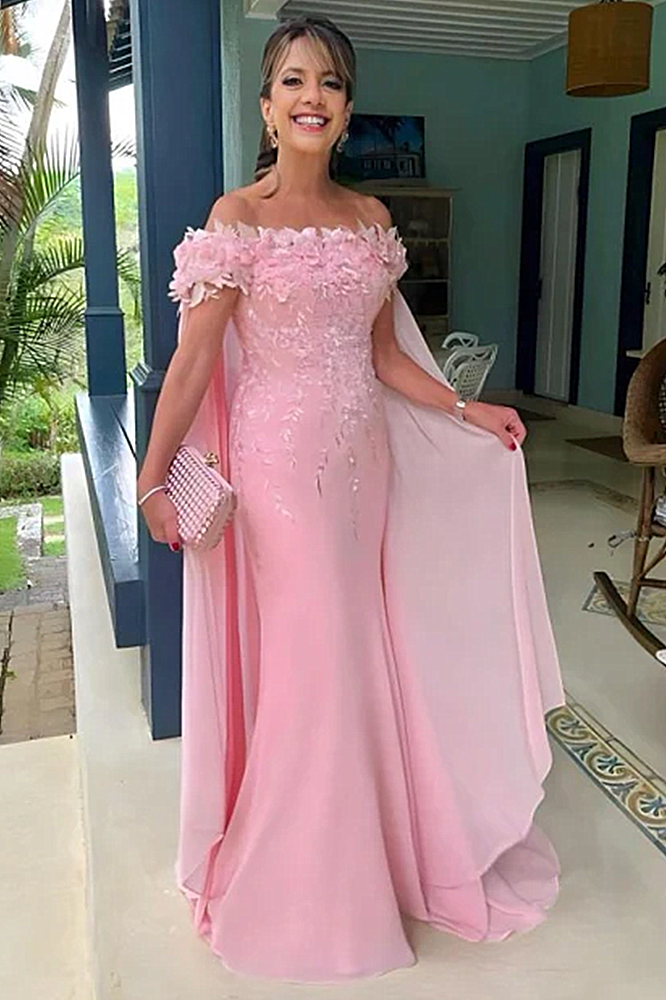 Pearl Pink Off the shoulder Cap sleeves Column Flowers Prom Dresses