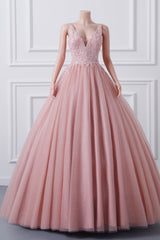 Sleeveless Dusty Pink Luxury Beaded Ball Gown Quince Dresses-Ballbella