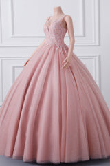 Sleeveless Dusty Pink Luxury Beaded Ball Gown Quince Dresses-Ballbella