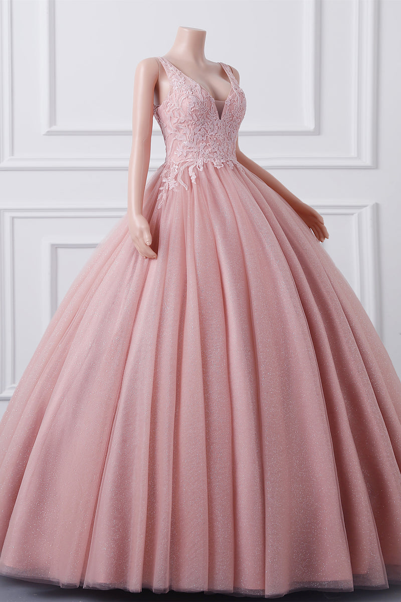 Sleeveless Dusty Pink Luxury Beaded Ball Gown Quince Dresses-Ballbella