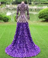 Gorgeous Purple Long Sleeves V-Neck Prom Dress Sequins With Flowers-Ballbella