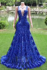 Round neck Royal Blue Mermaid Sequin Sparkle Prom Dresses