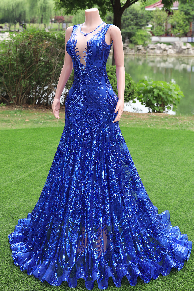 Round neck Royal Blue Mermaid Sequin Sparkle Prom Dresses