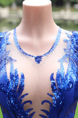 Round neck Royal Blue Mermaid Sequin Sparkle Prom Dresses