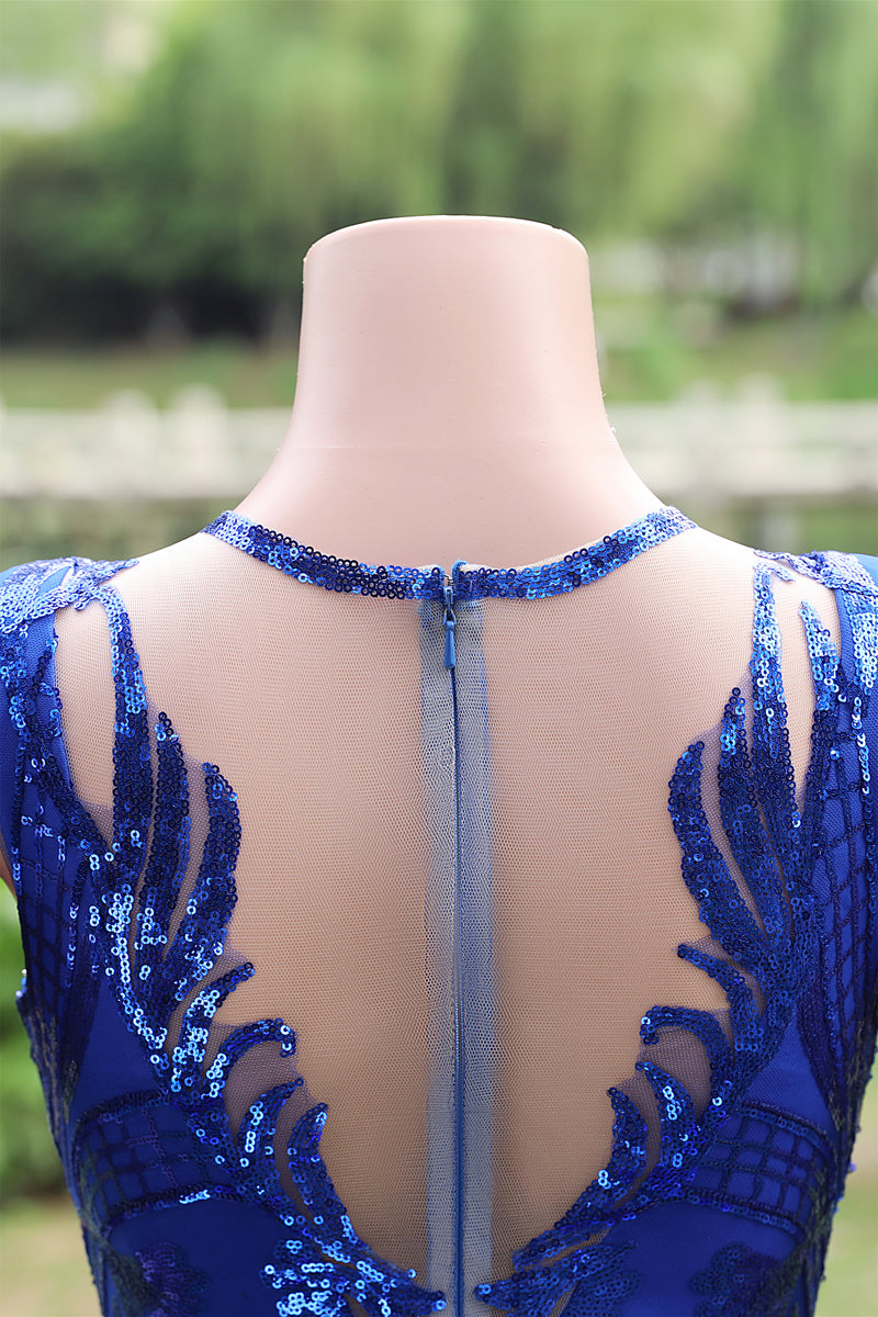 Round neck Royal Blue Mermaid Sequin Sparkle Prom Dresses