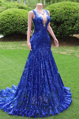 Round neck Royal Blue Mermaid Sequin Sparkle Prom Dresses