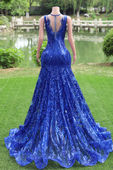 Round neck Royal Blue Mermaid Sequin Sparkle Prom Dresses