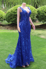 Royal Blue Mermaid Sequin Court Tain Sparkle V-neck Sleeveless Prom Dresses-Ballbella