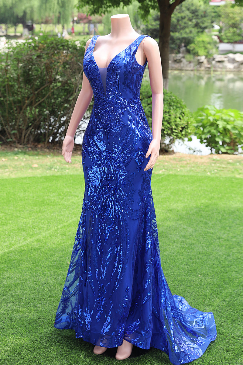 Royal Blue Mermaid Sequin Court Tain Sparkle V-neck Sleeveless Prom Dresses-Ballbella